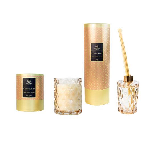 Alluring Amber Diffuser Duo | 9oz Luxe Box Candle + 7oz Reed Diffuser